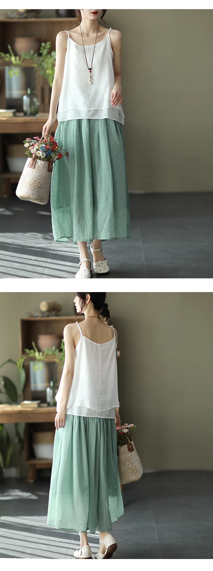 Johnature Women Vintage Cotton Linen Skirts Elastic Waist Solid Color Loose Casual Cloths 2025 Summer New Patchwork Skirts