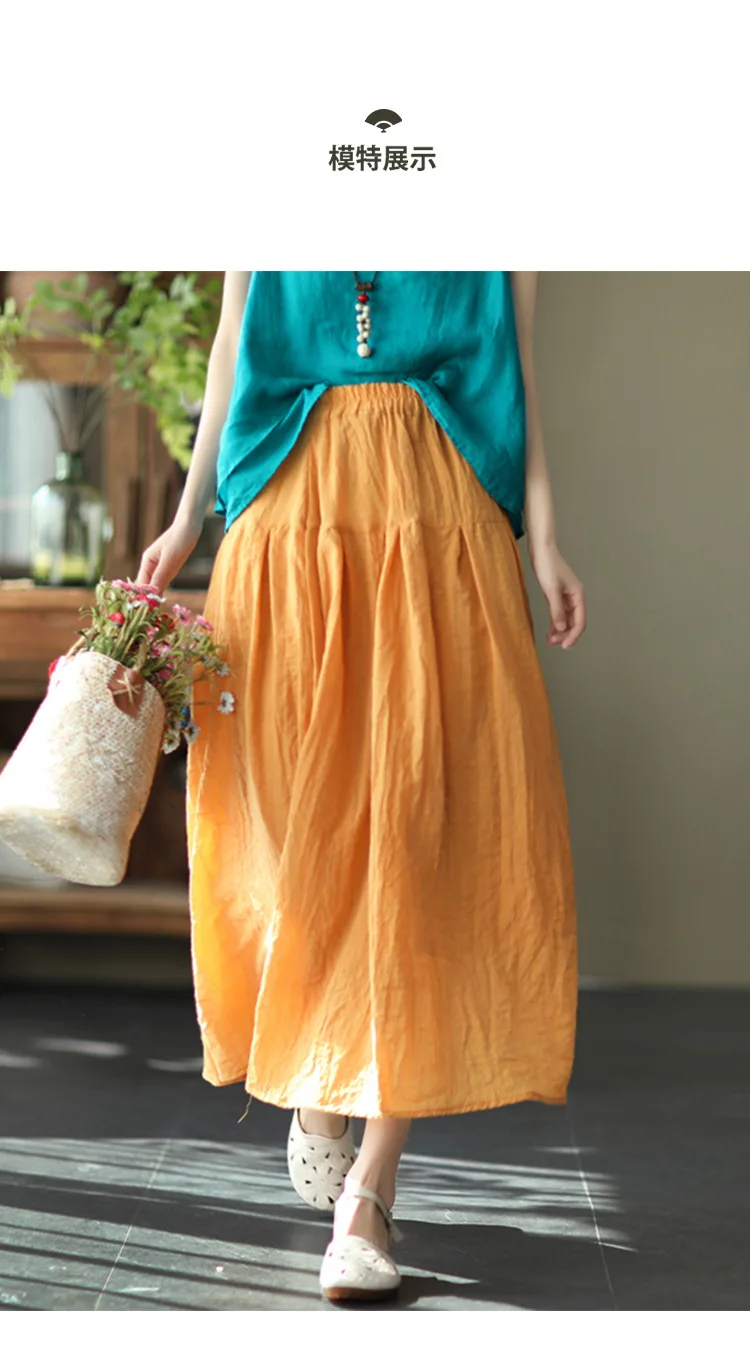 Johnature Women Vintage Cotton Linen Skirts Elastic Waist Solid Color Loose Casual Cloths 2025 Summer New Patchwork Skirts
