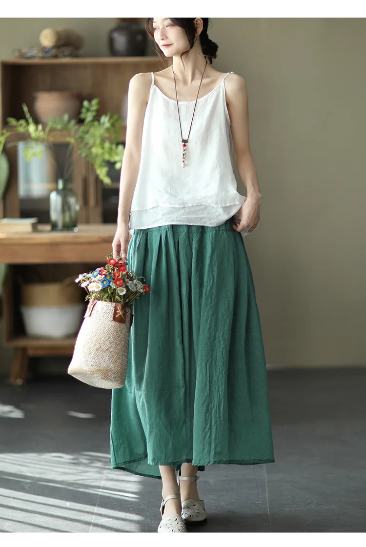 Johnature Women Vintage Cotton Linen Skirts Elastic Waist Solid Color Loose Casual Cloths 2025 Summer New Patchwork Skirts