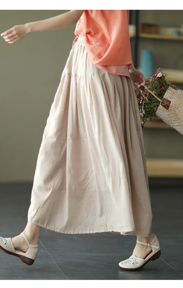 Johnature Women Vintage Cotton Linen Skirts Elastic Waist Solid Color Loose Casual Cloths 2025 Summer New Patchwork Skirts