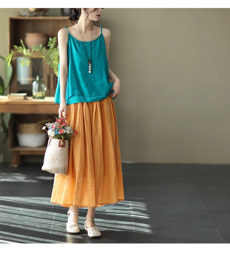 Johnature Women Vintage Cotton Linen Skirts Elastic Waist Solid Color Loose Casual Cloths 2025 Summer New Patchwork Skirts