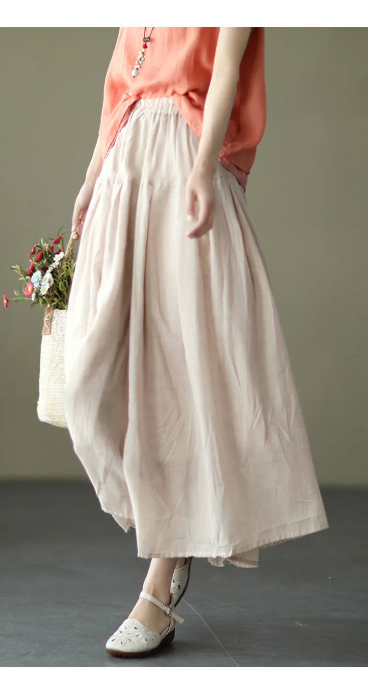 Johnature Women Vintage Cotton Linen Skirts Elastic Waist Solid Color Loose Casual Cloths 2025 Summer New Patchwork Skirts