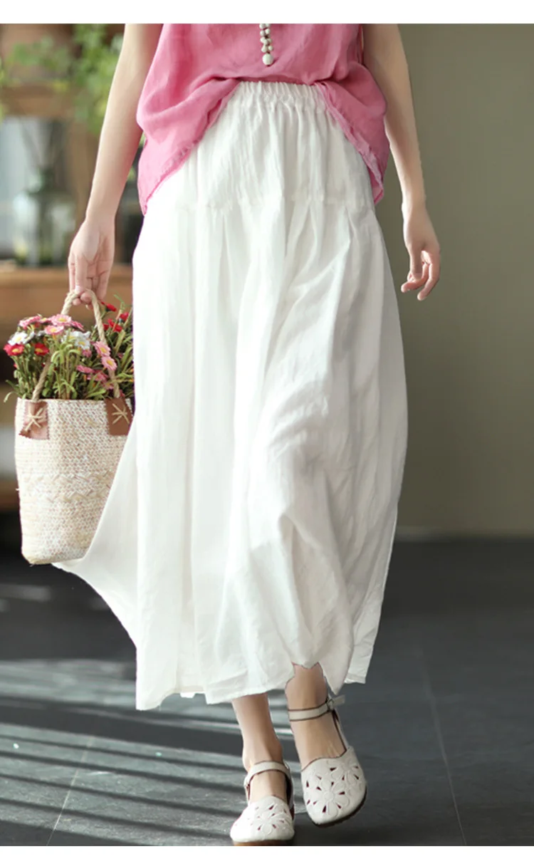 Johnature Women Vintage Cotton Linen Skirts Elastic Waist Solid Color Loose Casual Cloths 2025 Summer New Patchwork Skirts