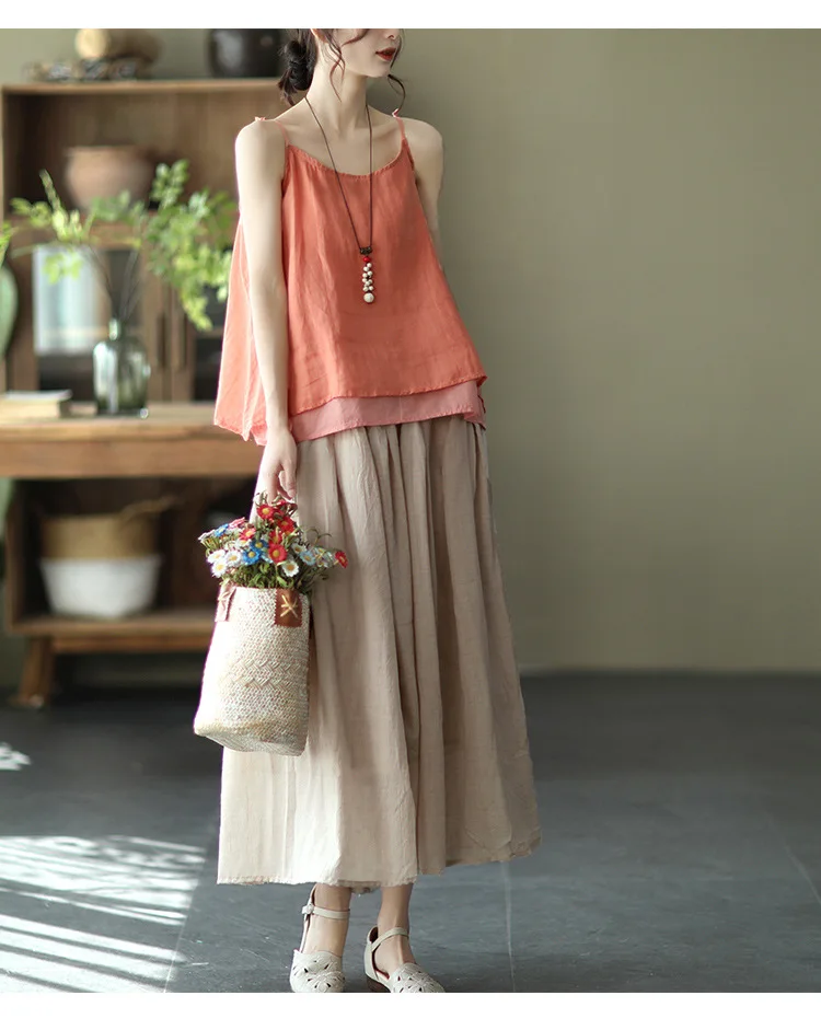Johnature Women Vintage Cotton Linen Skirts Elastic Waist Solid Color Loose Casual Cloths 2025 Summer New Patchwork Skirts