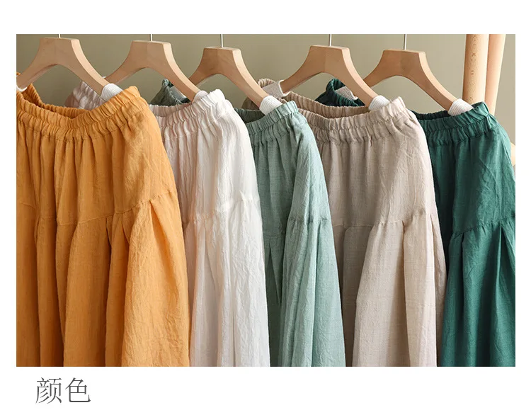 Johnature Women Vintage Cotton Linen Skirts Elastic Waist Solid Color Loose Casual Cloths 2025 Summer New Patchwork Skirts
