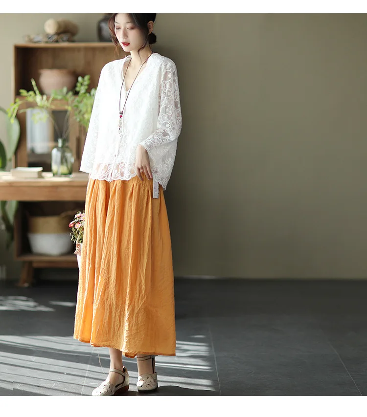Johnature Women Vintage Cotton Linen Skirts Elastic Waist Solid Color Loose Casual Cloths 2025 Summer New Patchwork Skirts