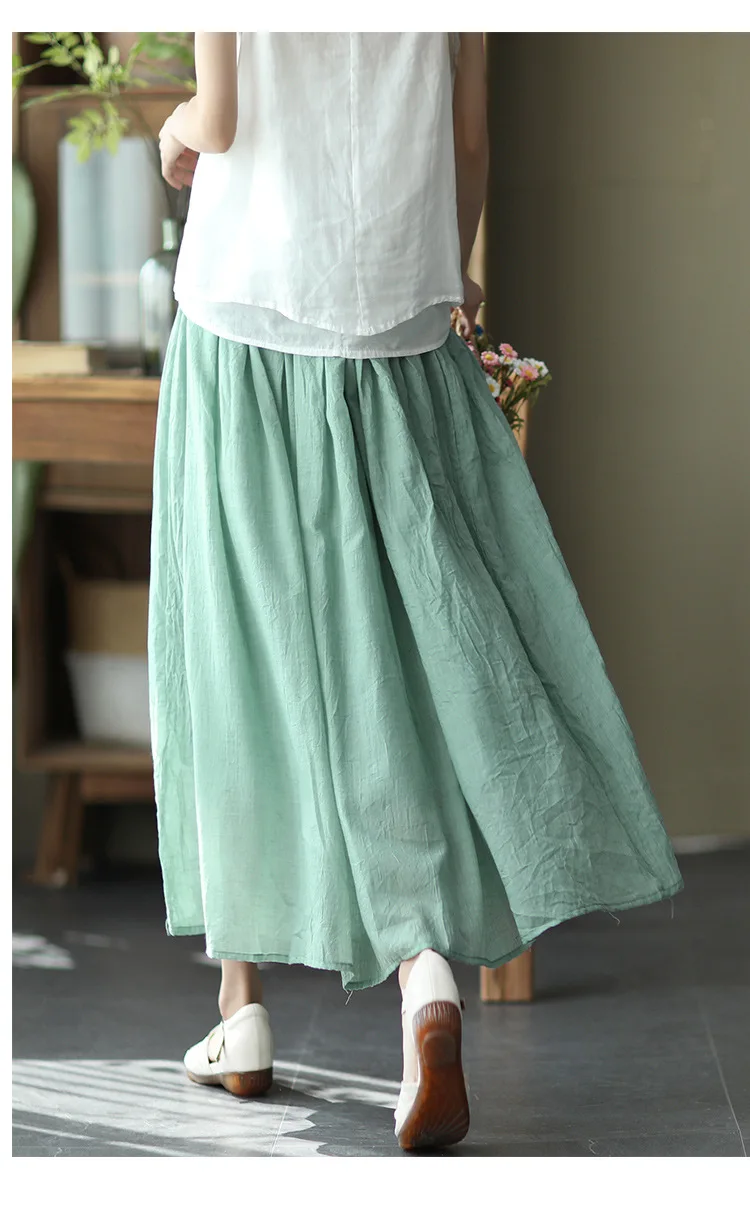Johnature Women Vintage Cotton Linen Skirts Elastic Waist Solid Color Loose Casual Cloths 2025 Summer New Patchwork Skirts