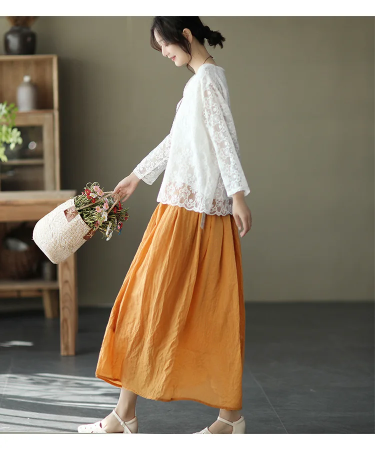 Johnature Women Vintage Cotton Linen Skirts Elastic Waist Solid Color Loose Casual Cloths 2025 Summer New Patchwork Skirts