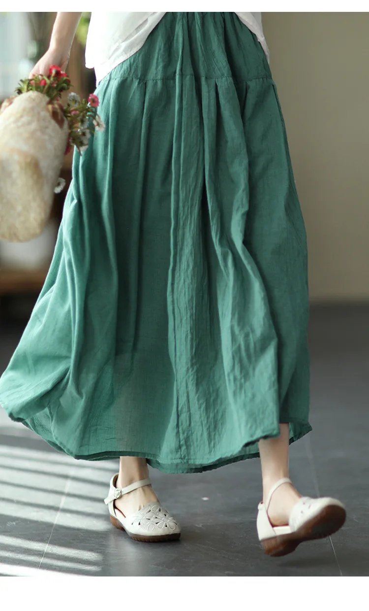 Johnature Women Vintage Cotton Linen Skirts Elastic Waist Solid Color Loose Casual Cloths 2025 Summer New Patchwork Skirts