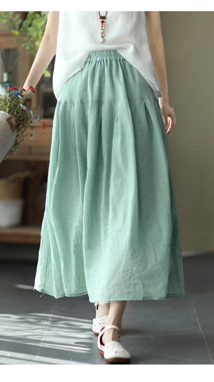 Johnature Women Vintage Cotton Linen Skirts Elastic Waist Solid Color Loose Casual Cloths 2025 Summer New Patchwork Skirts
