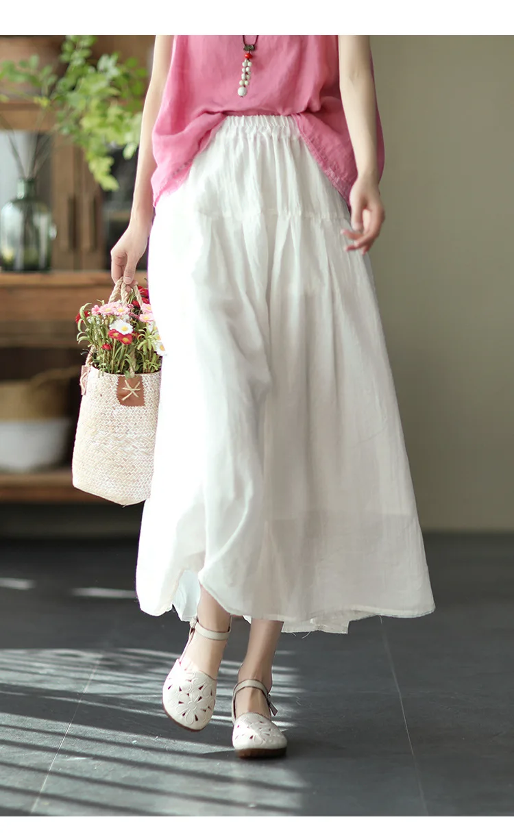 Johnature Women Vintage Cotton Linen Skirts Elastic Waist Solid Color Loose Casual Cloths 2025 Summer New Patchwork Skirts