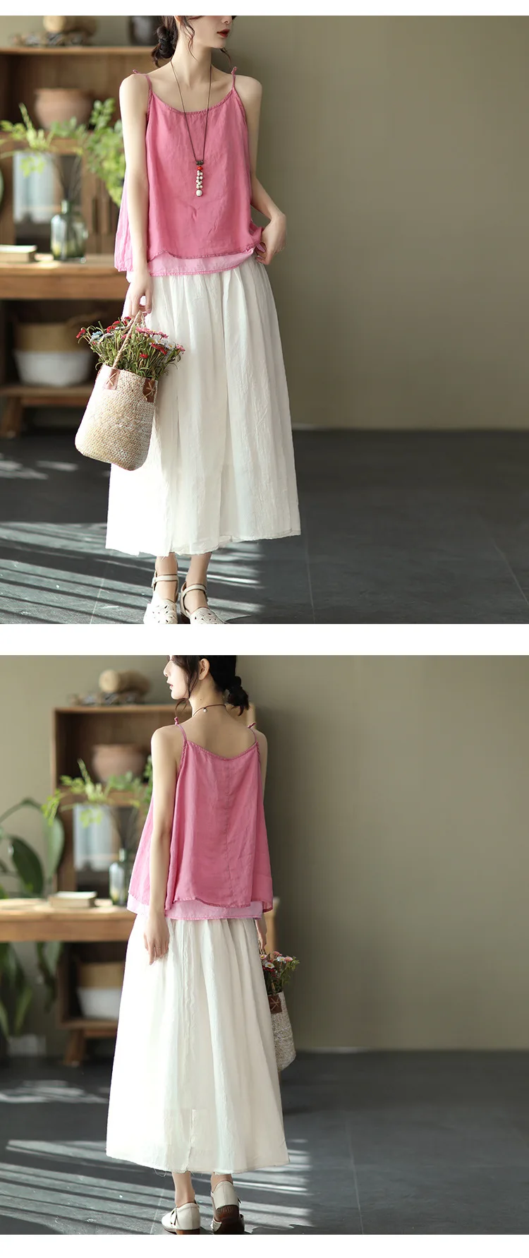 Johnature Women Vintage Cotton Linen Skirts Elastic Waist Solid Color Loose Casual Cloths 2025 Summer New Patchwork Skirts