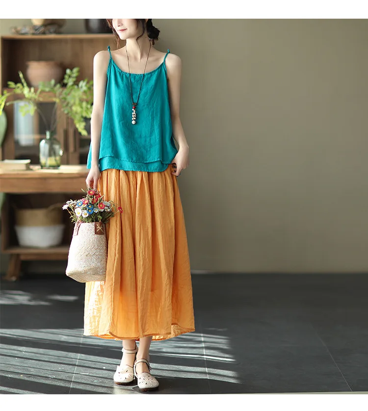 Johnature Women Vintage Cotton Linen Skirts Elastic Waist Solid Color Loose Casual Cloths 2025 Summer New Patchwork Skirts