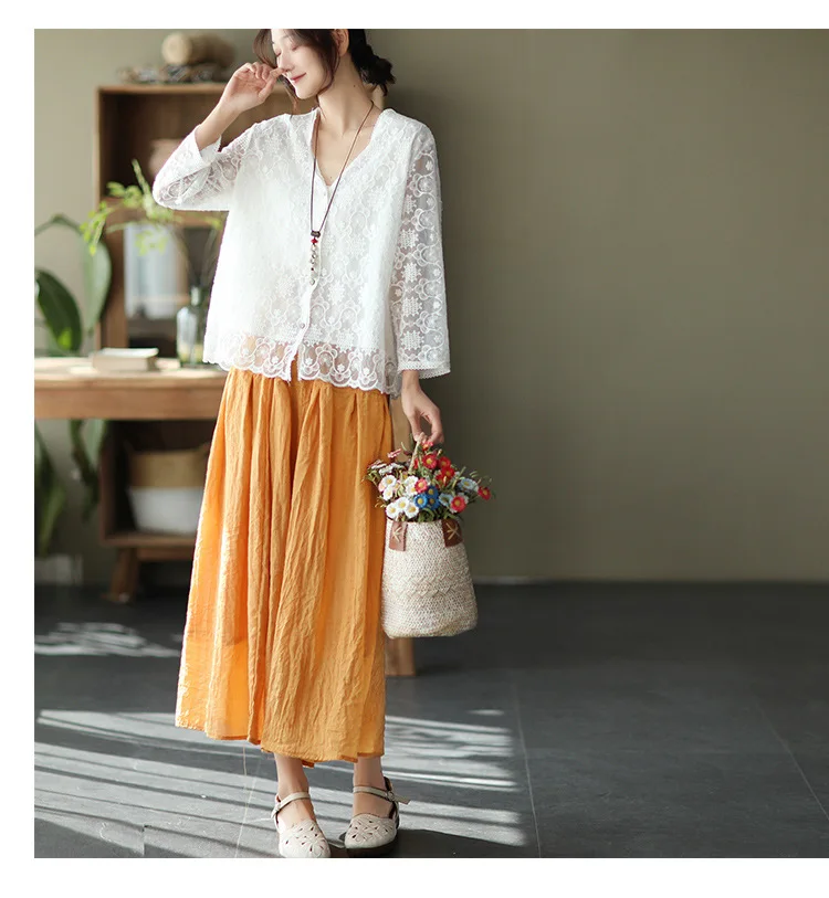 Johnature Women Vintage Cotton Linen Skirts Elastic Waist Solid Color Loose Casual Cloths 2025 Summer New Patchwork Skirts