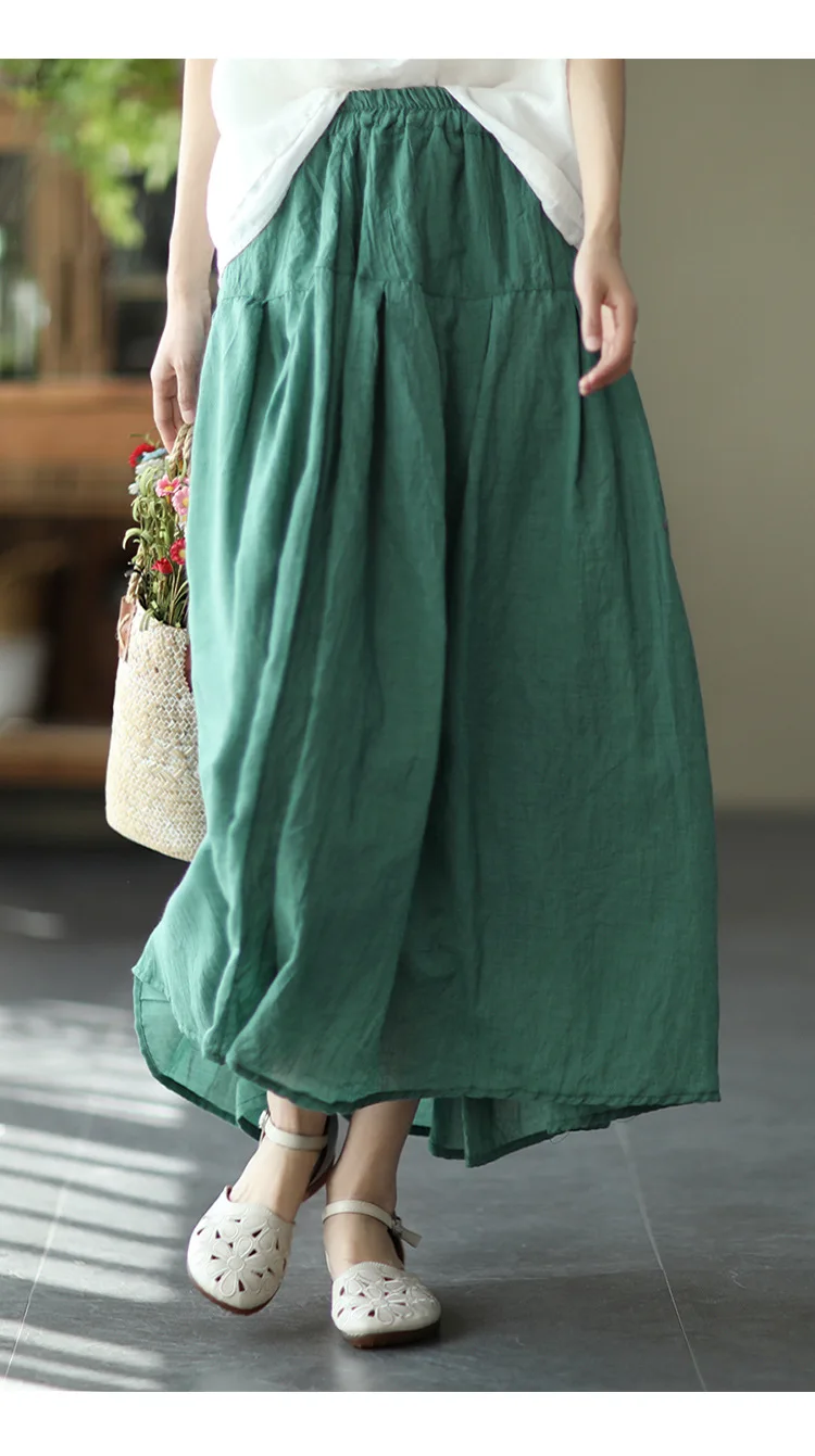 Johnature Women Vintage Cotton Linen Skirts Elastic Waist Solid Color Loose Casual Cloths 2025 Summer New Patchwork Skirts