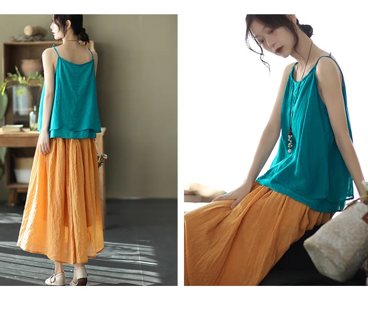 Johnature Women Vintage Cotton Linen Skirts Elastic Waist Solid Color Loose Casual Cloths 2025 Summer New Patchwork Skirts