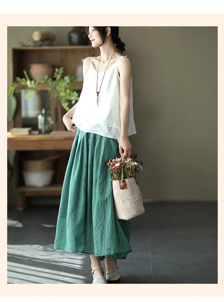 Johnature Women Vintage Cotton Linen Skirts Elastic Waist Solid Color Loose Casual Cloths 2025 Summer New Patchwork Skirts