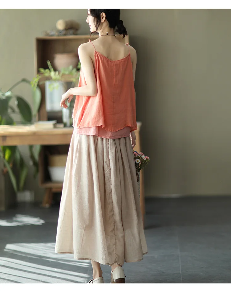 Johnature Women Vintage Cotton Linen Skirts Elastic Waist Solid Color Loose Casual Cloths 2025 Summer New Patchwork Skirts