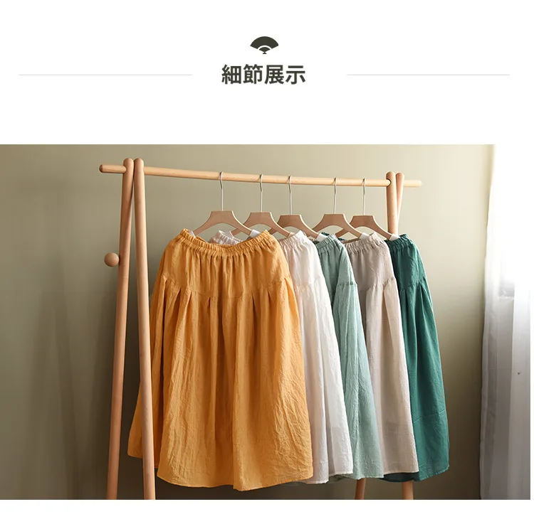Johnature Women Vintage Cotton Linen Skirts Elastic Waist Solid Color Loose Casual Cloths 2025 Summer New Patchwork Skirts