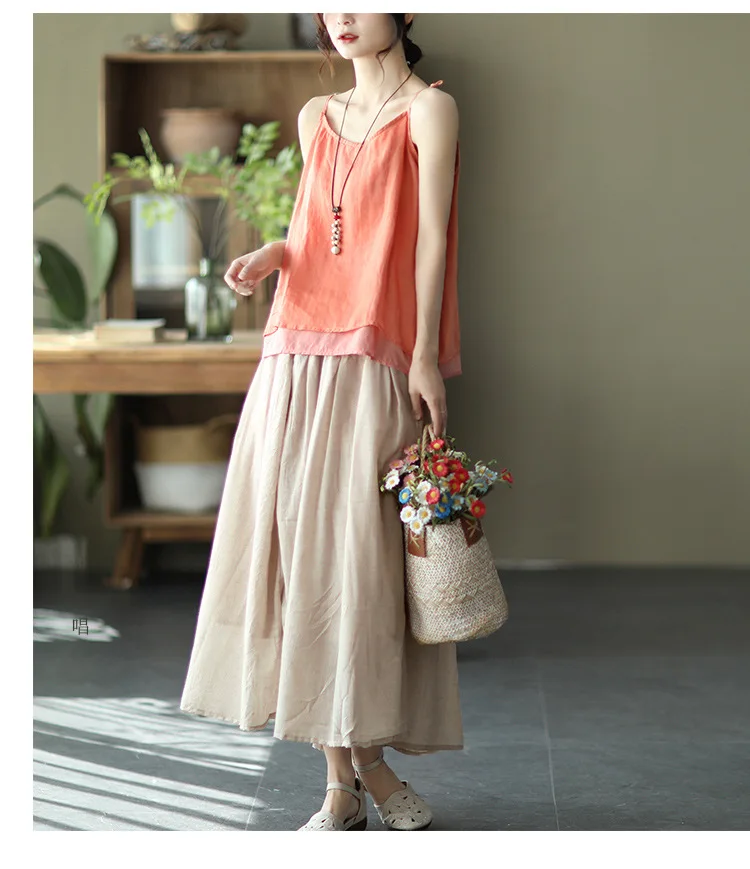 Johnature Women Vintage Cotton Linen Skirts Elastic Waist Solid Color Loose Casual Cloths 2025 Summer New Patchwork Skirts