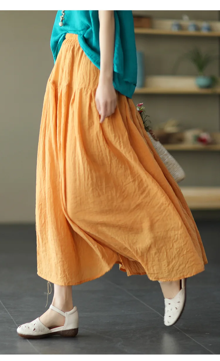 Johnature Women Vintage Cotton Linen Skirts Elastic Waist Solid Color Loose Casual Cloths 2025 Summer New Patchwork Skirts