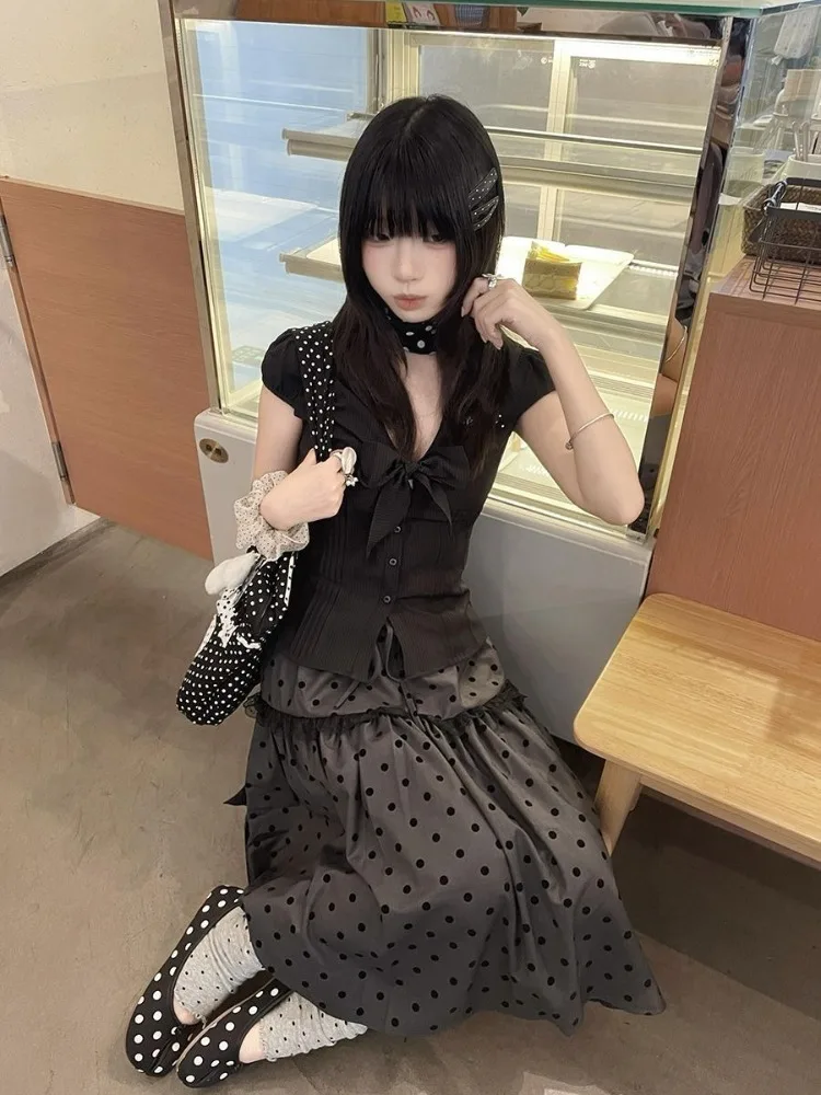 Vintage Women Skirt High Waist Patchwork Lace Loose Jupe Chic Polka Dot Saia Japanese Summer Skirts 2025 Faldas Mujer De Moda