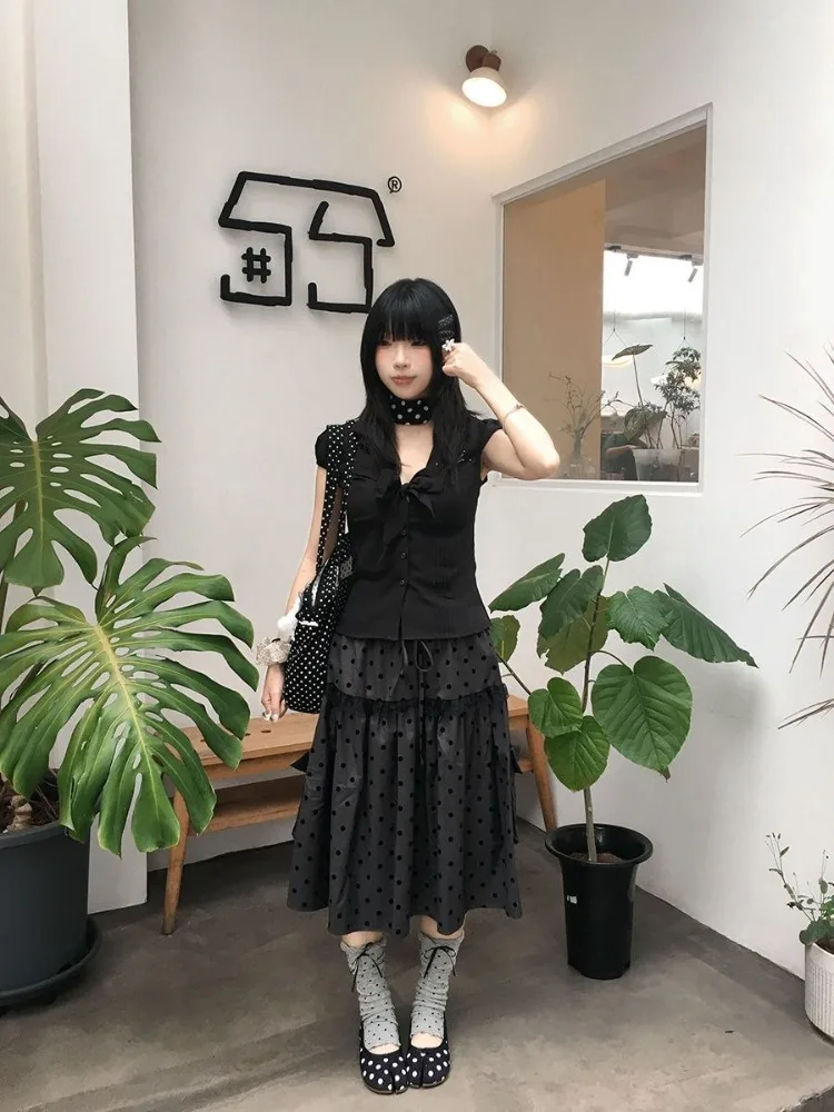 Vintage Women Skirt High Waist Patchwork Lace Loose Jupe Chic Polka Dot Saia Japanese Summer Skirts 2025 Faldas Mujer De Moda