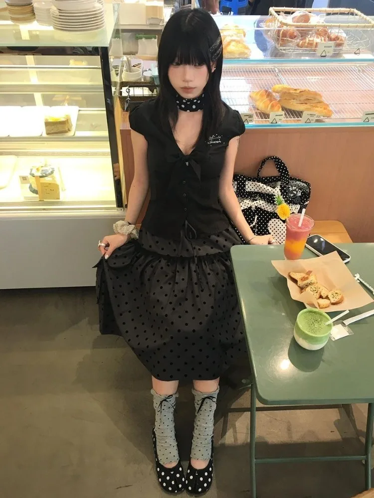 Vintage Women Skirt High Waist Patchwork Lace Loose Jupe Chic Polka Dot Saia Japanese Summer Skirts 2025 Faldas Mujer De Moda