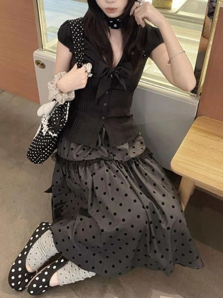 Vintage Women Skirt High Waist Patchwork Lace Loose Jupe Chic Polka Dot Saia Japanese Summer Skirts 2025 Faldas Mujer De Moda
