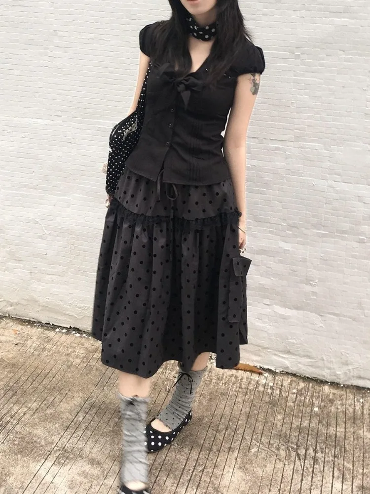 Vintage Women Skirt High Waist Patchwork Lace Loose Jupe Chic Polka Dot Saia Japanese Summer Skirts 2025 Faldas Mujer De Moda