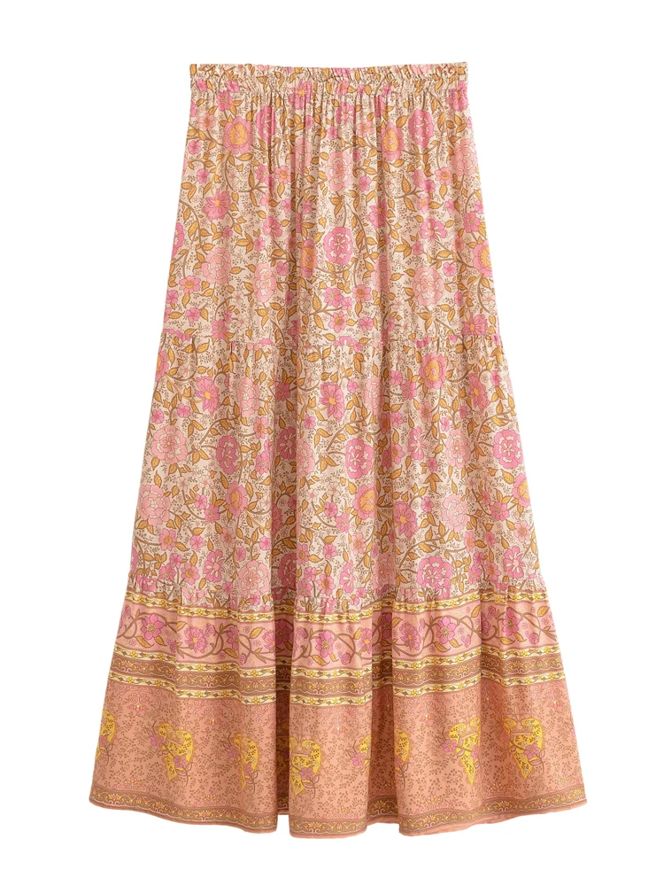 Boho Queens Vintage Women Pink Floral High Elastic Waist Vacation Beach Bohemian Skirt Ladies Maxi A-Line Boho Skirts