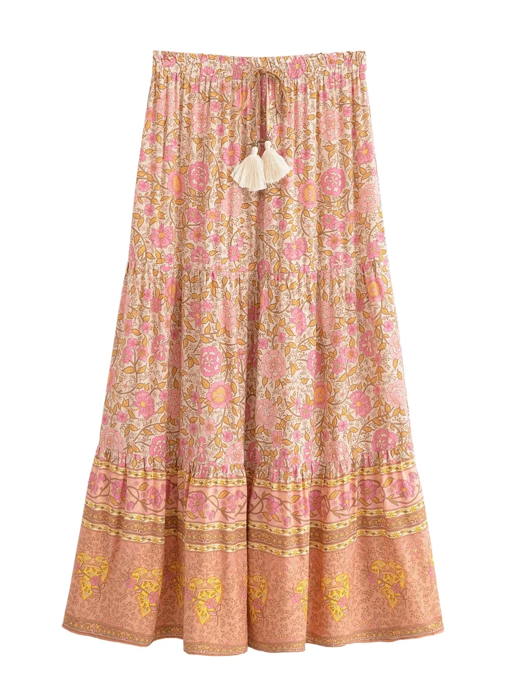 Boho Queens Vintage Women Pink Floral High Elastic Waist Vacation Beach Bohemian Skirt Ladies Maxi A-Line Boho Skirts