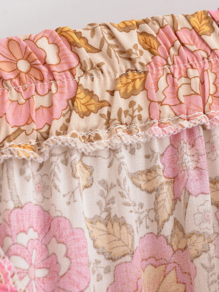 Boho Queens Vintage Women Pink Floral High Elastic Waist Vacation Beach Bohemian Skirt Ladies Maxi A-Line Boho Skirts