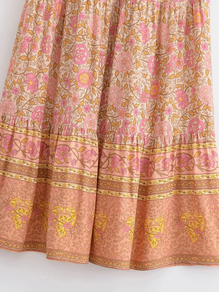 Boho Queens Vintage Women Pink Floral High Elastic Waist Vacation Beach Bohemian Skirt Ladies Maxi A-Line Boho Skirts