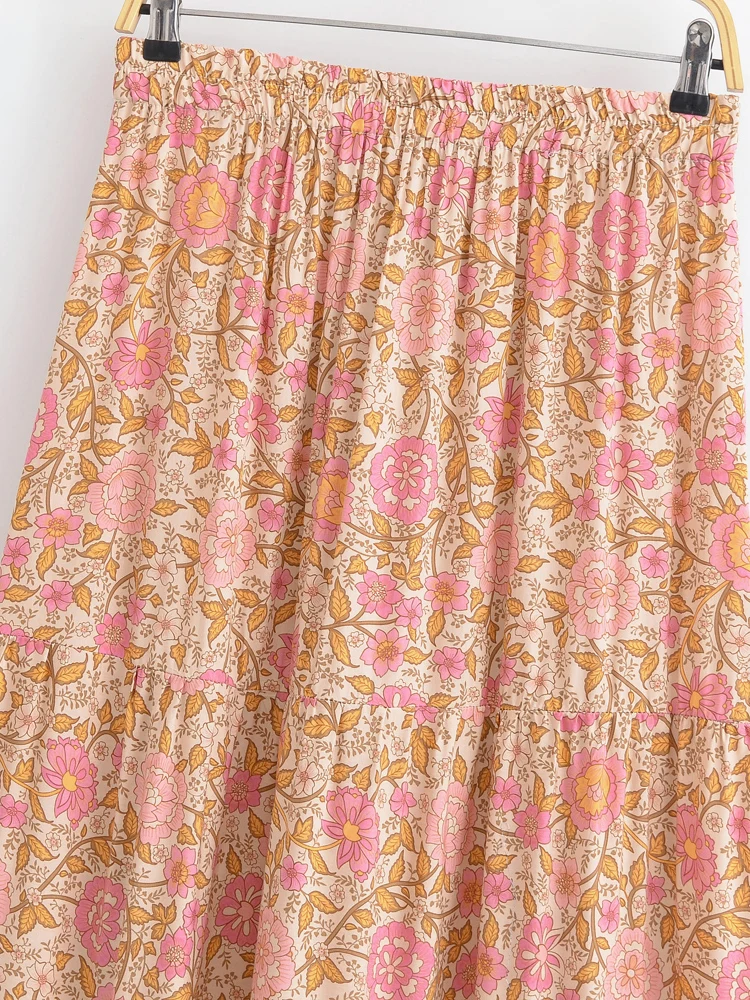 Boho Queens Vintage Women Pink Floral High Elastic Waist Vacation Beach Bohemian Skirt Ladies Maxi A-Line Boho Skirts