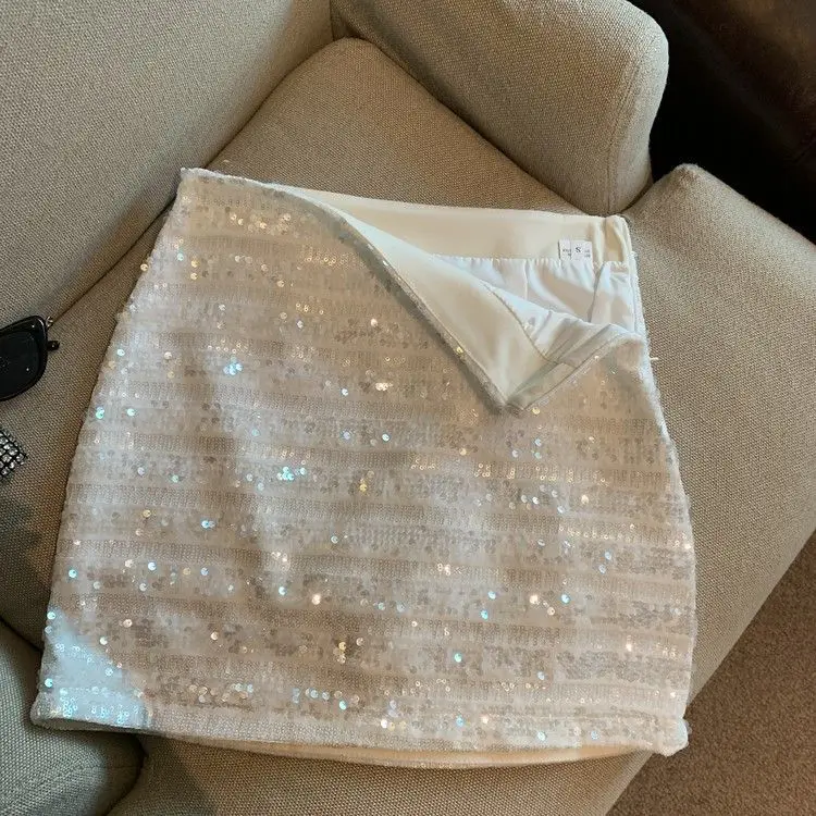 French silver-gray sequined skirt female spring and autumn new temperament hip skirt spice girl anti-exposure A-line skirt