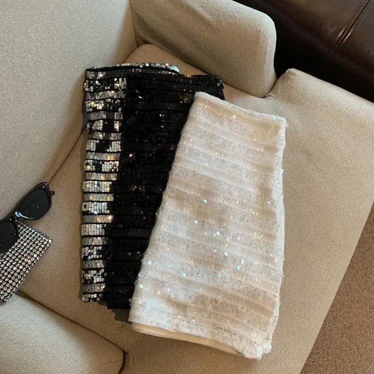 French silver-gray sequined skirt female spring and autumn new temperament hip skirt spice girl anti-exposure A-line skirt