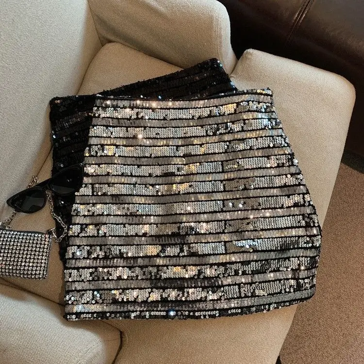 French silver-gray sequined skirt female spring and autumn new temperament hip skirt spice girl anti-exposure A-line skirt