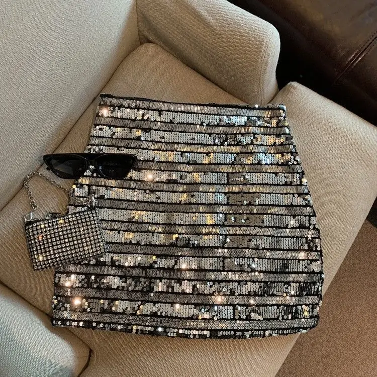 French silver-gray sequined skirt female spring and autumn new temperament hip skirt spice girl anti-exposure A-line skirt