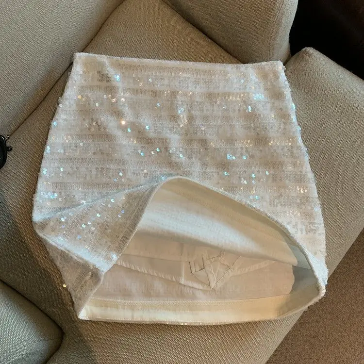 French silver-gray sequined skirt female spring and autumn new temperament hip skirt spice girl anti-exposure A-line skirt