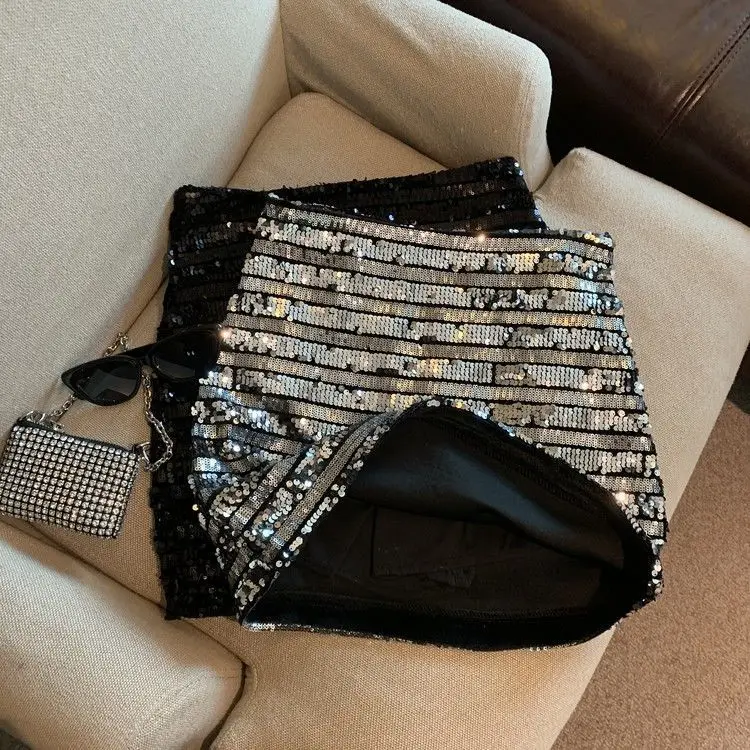 French silver-gray sequined skirt female spring and autumn new temperament hip skirt spice girl anti-exposure A-line skirt