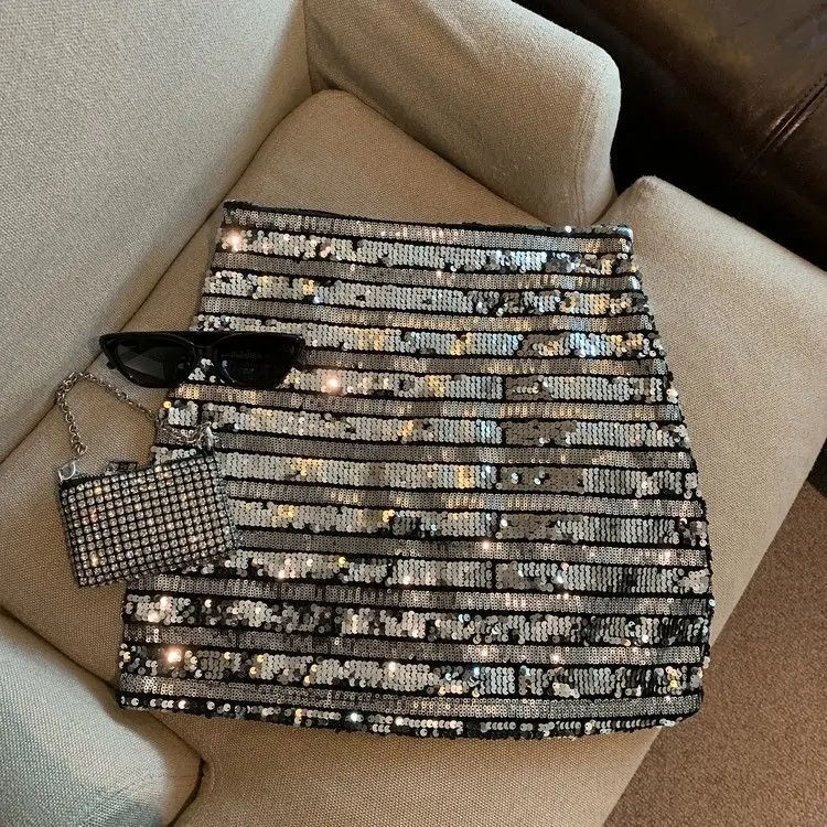 French silver-gray sequined skirt female spring and autumn new temperament hip skirt spice girl anti-exposure A-line skirt