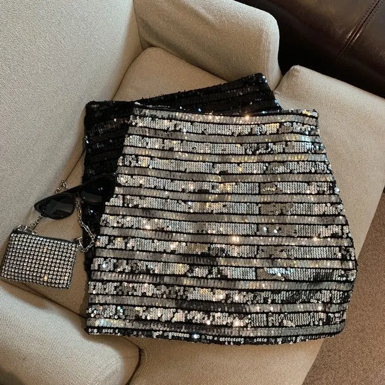French silver-gray sequined skirt female spring and autumn new temperament hip skirt spice girl anti-exposure A-line skirt
