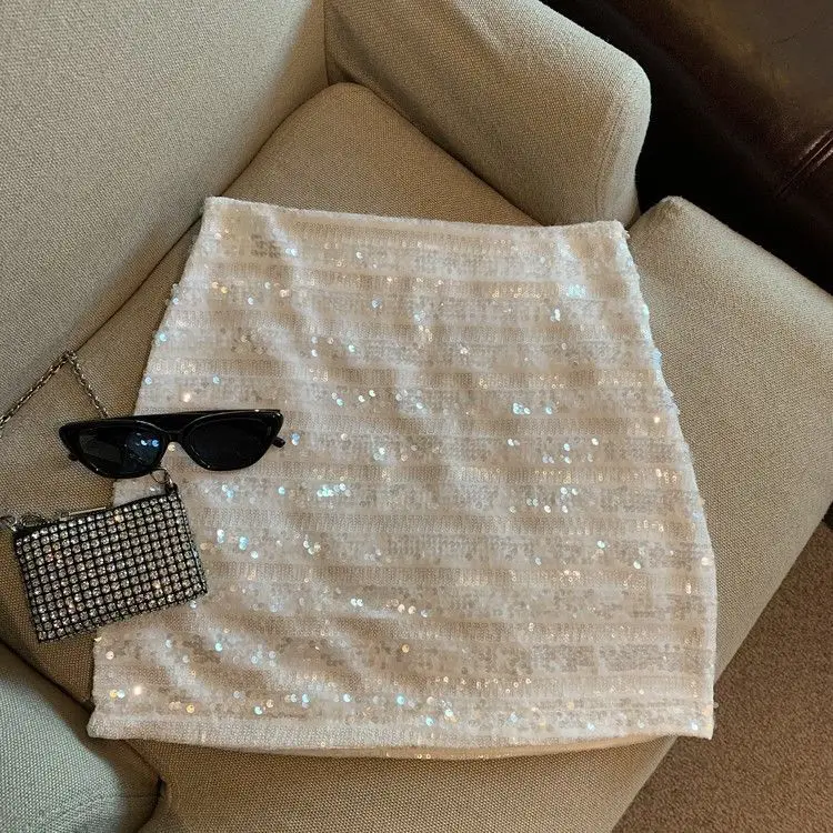French silver-gray sequined skirt female spring and autumn new temperament hip skirt spice girl anti-exposure A-line skirt