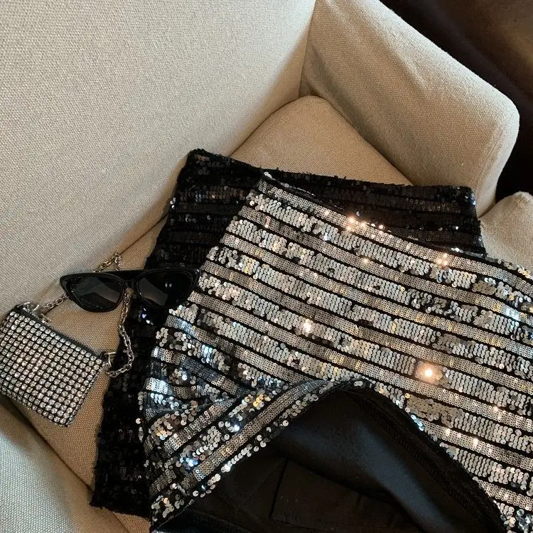 French silver-gray sequined skirt female spring and autumn new temperament hip skirt spice girl anti-exposure A-line skirt