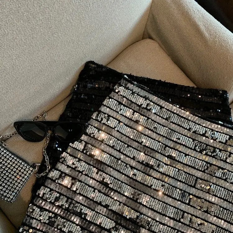 French silver-gray sequined skirt female spring and autumn new temperament hip skirt spice girl anti-exposure A-line skirt