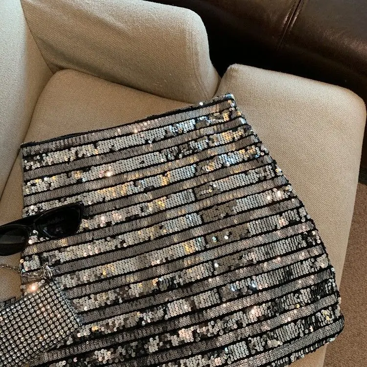 French silver-gray sequined skirt female spring and autumn new temperament hip skirt spice girl anti-exposure A-line skirt