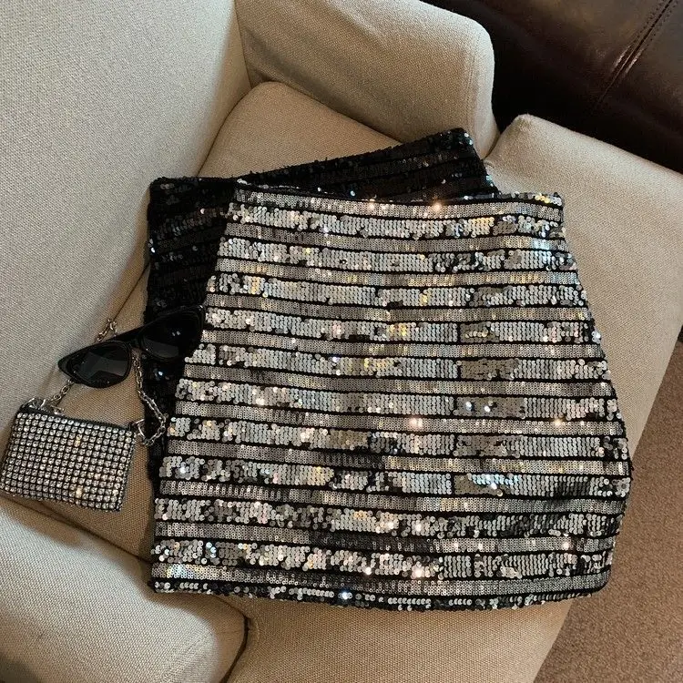 French silver-gray sequined skirt female spring and autumn new temperament hip skirt spice girl anti-exposure A-line skirt