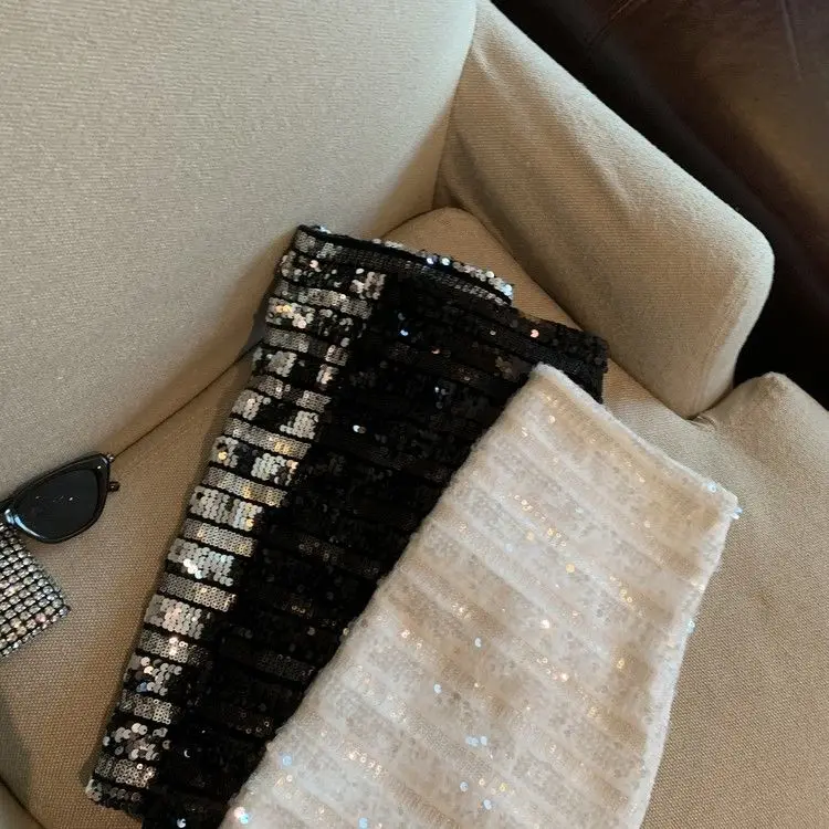 French silver-gray sequined skirt female spring and autumn new temperament hip skirt spice girl anti-exposure A-line skirt
