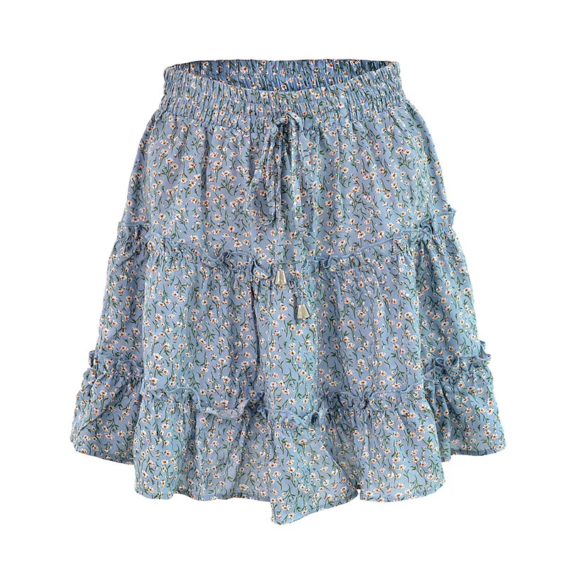 2026 Summer Floral Chiffon Skirts Women High Waisted Vintage Ruffles Printing Mini Skirt Casual Holiday Beach A-Line Skirts